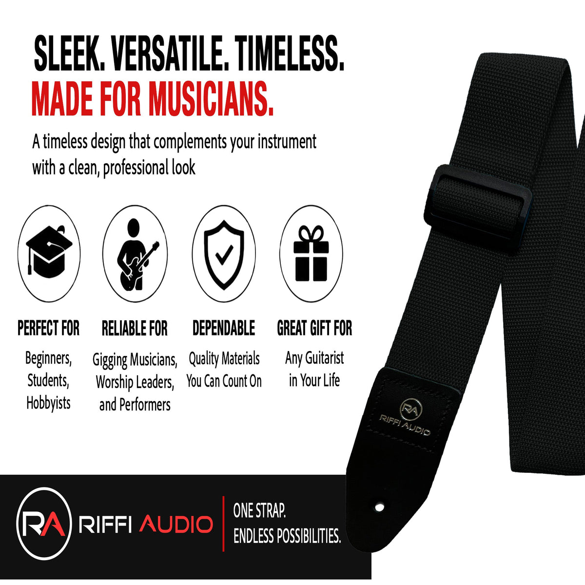Riffi Audio Lite 1.0 Adjustable Guitar Strap with Strap Locks & Pick – 2" Polypropylene Strap for Electric, Bass & Acoustic Guitars – Black - Riffi Audio