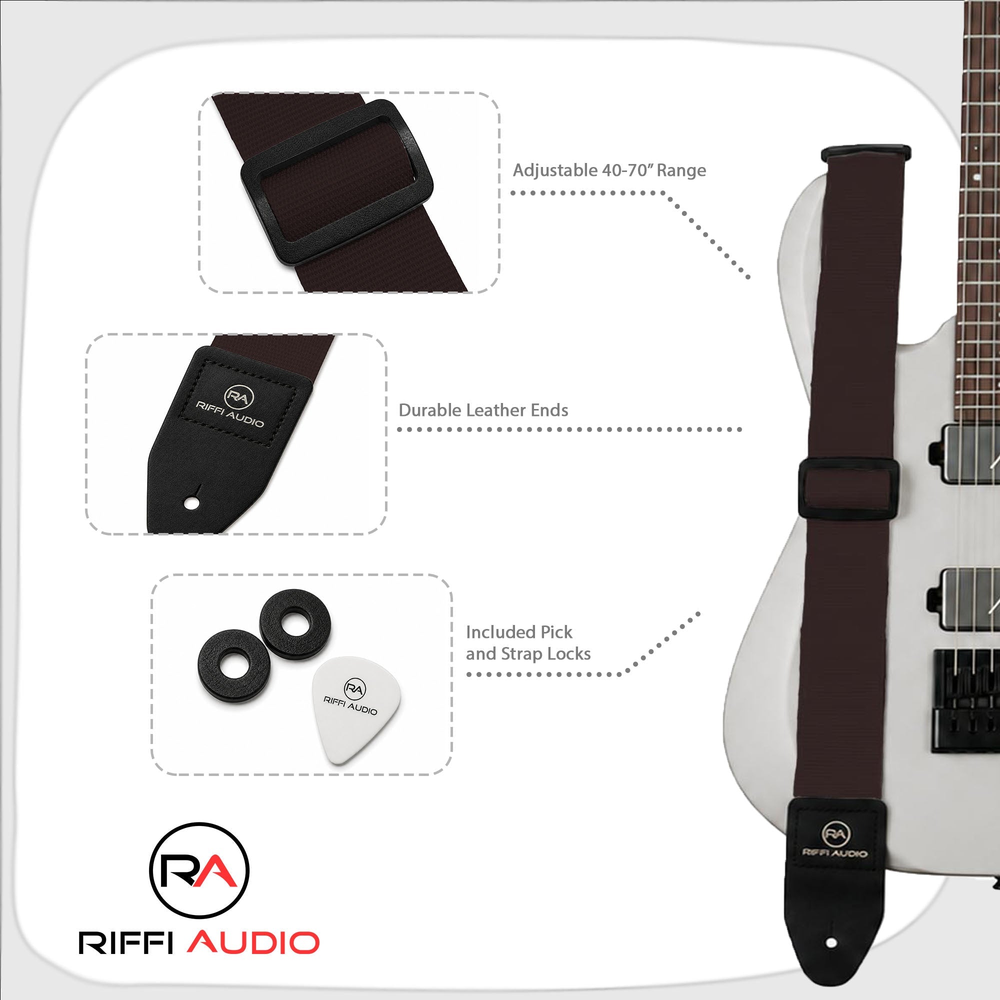Riffi Audio Lite 1.0 Adjustable Guitar Strap with Strap Locks & Pick – 2" Polypropylene Strap for Electric, Bass & Acoustic Guitars – Brown - Riffi Audio