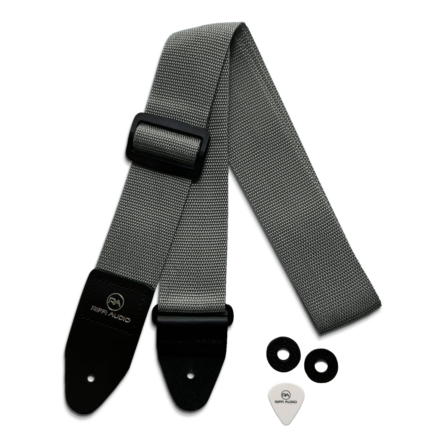 Riffi Audio Lite 1.0 Adjustable Guitar Strap with Strap Locks & Pick – 2" Polypropylene Strap for Electric, Bass & Acoustic Guitars – Gray - Riffi Audio