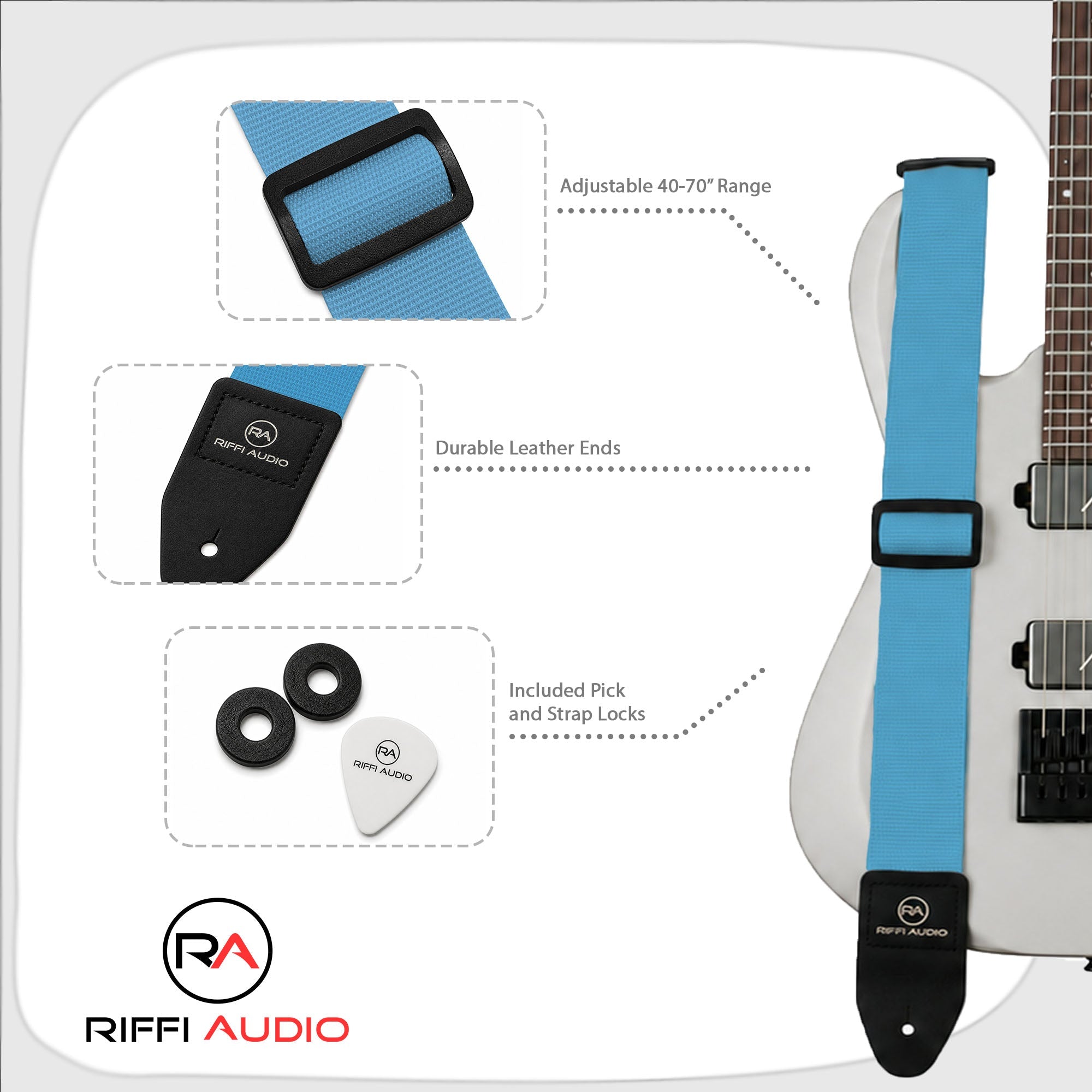 Riffi Audio Lite 1.0 Adjustable Guitar Strap with Strap Locks & Pick – 2" Polypropylene Strap for Electric, Bass & Acoustic Guitars – Light Blue - Riffi Audio