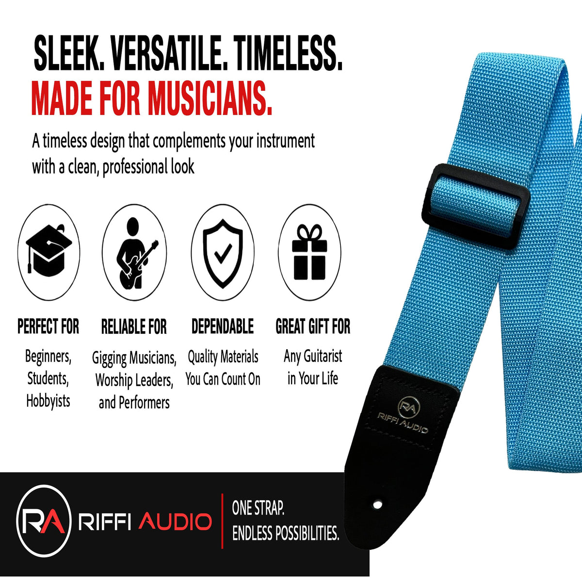 Riffi Audio Lite 1.0 Adjustable Guitar Strap with Strap Locks & Pick – 2" Polypropylene Strap for Electric, Bass & Acoustic Guitars – Light Blue - Riffi Audio