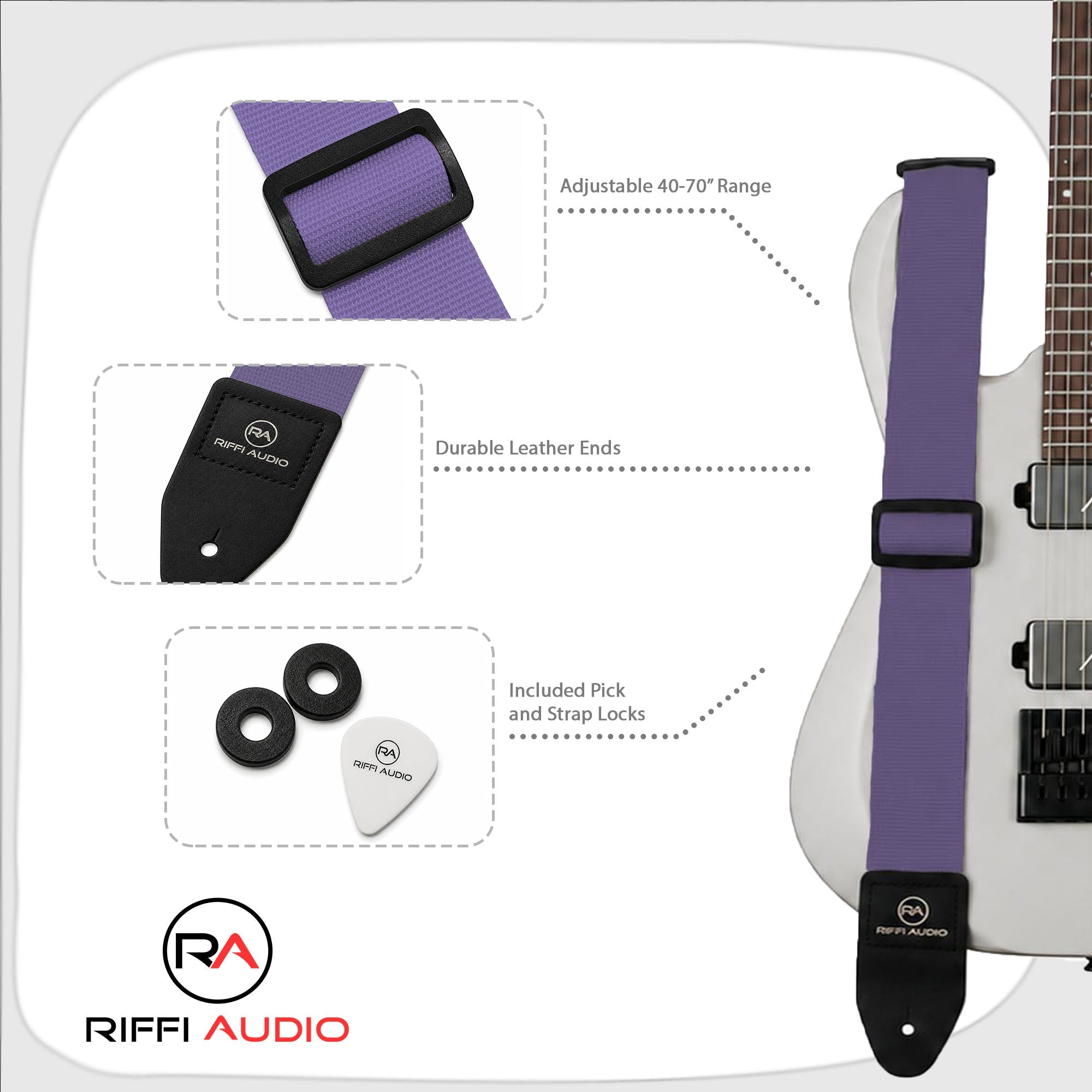 Riffi Audio Lite 1.0 Adjustable Guitar Strap with Strap Locks & Pick – 2" Polypropylene Strap for Electric, Bass & Acoustic Guitars – Light Purple - Riffi Audio