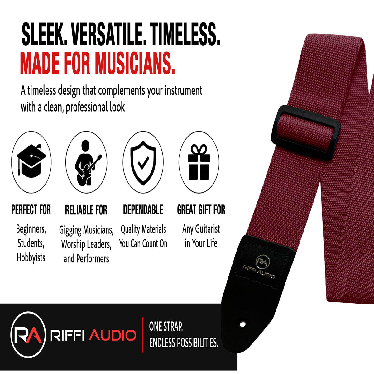 Riffi Audio Lite 1.0 Adjustable Guitar Strap with Strap Locks & Pick – 2" Polypropylene Strap for Electric, Bass & Acoustic Guitars – Maroon - Riffi Audio