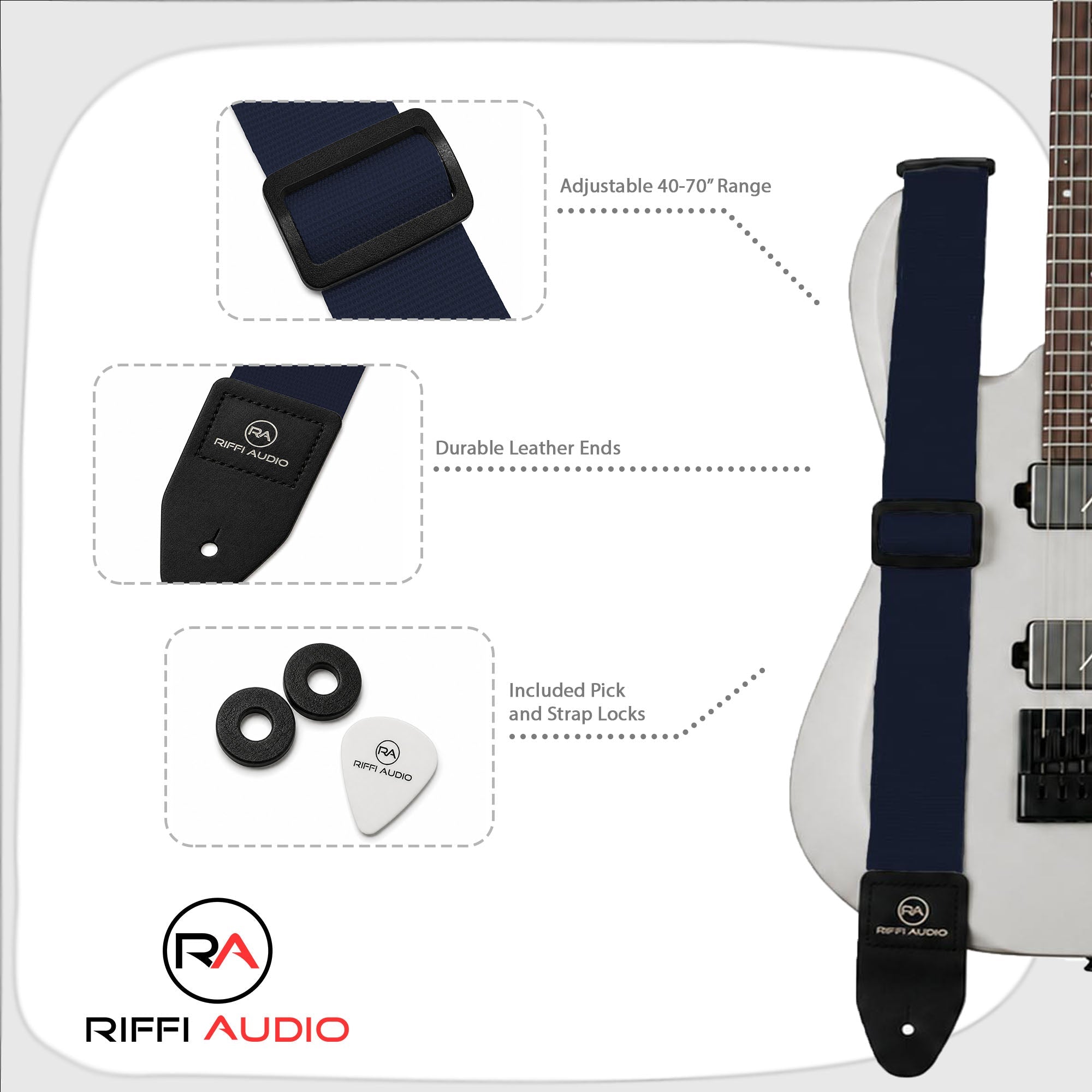 Riffi Audio Lite 1.0 Adjustable Guitar Strap with Strap Locks & Pick – 2" Polypropylene Strap for Electric, Bass & Acoustic Guitars – Navy Blue - Riffi Audio