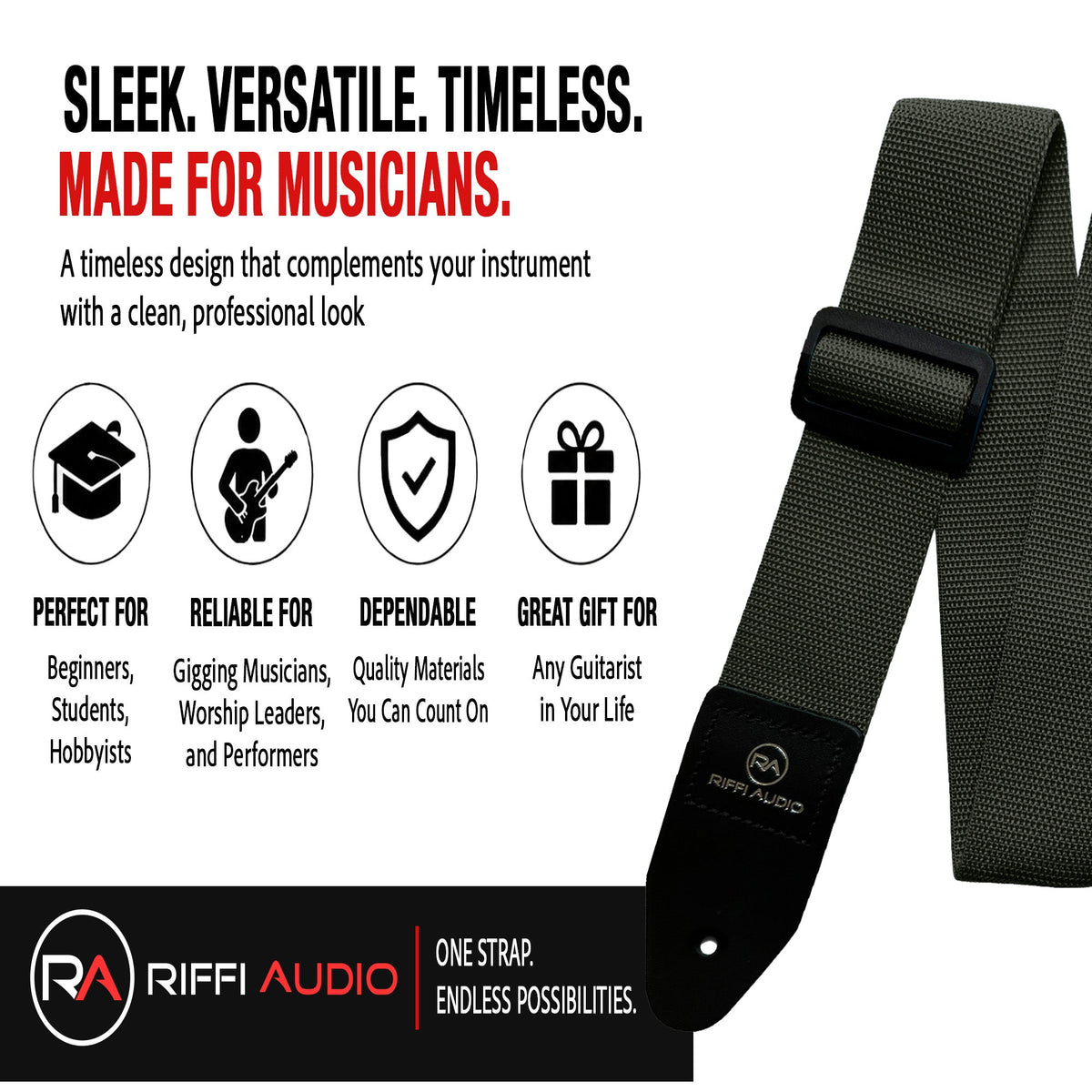 Riffi Audio Lite 1.0 Adjustable Guitar Strap with Strap Locks & Pick – 2" Polypropylene Strap for Electric, Bass & Acoustic Guitars – Olive Green - Riffi Audio