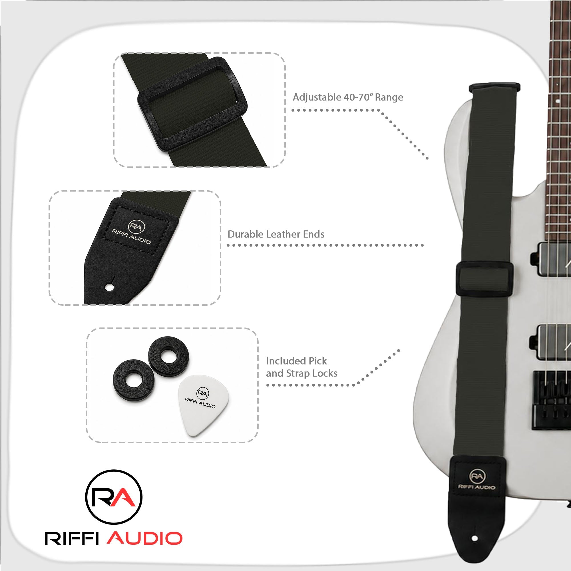 Riffi Audio Lite 1.0 Adjustable Guitar Strap with Strap Locks & Pick – 2" Polypropylene Strap for Electric, Bass & Acoustic Guitars – Olive Green - Riffi Audio