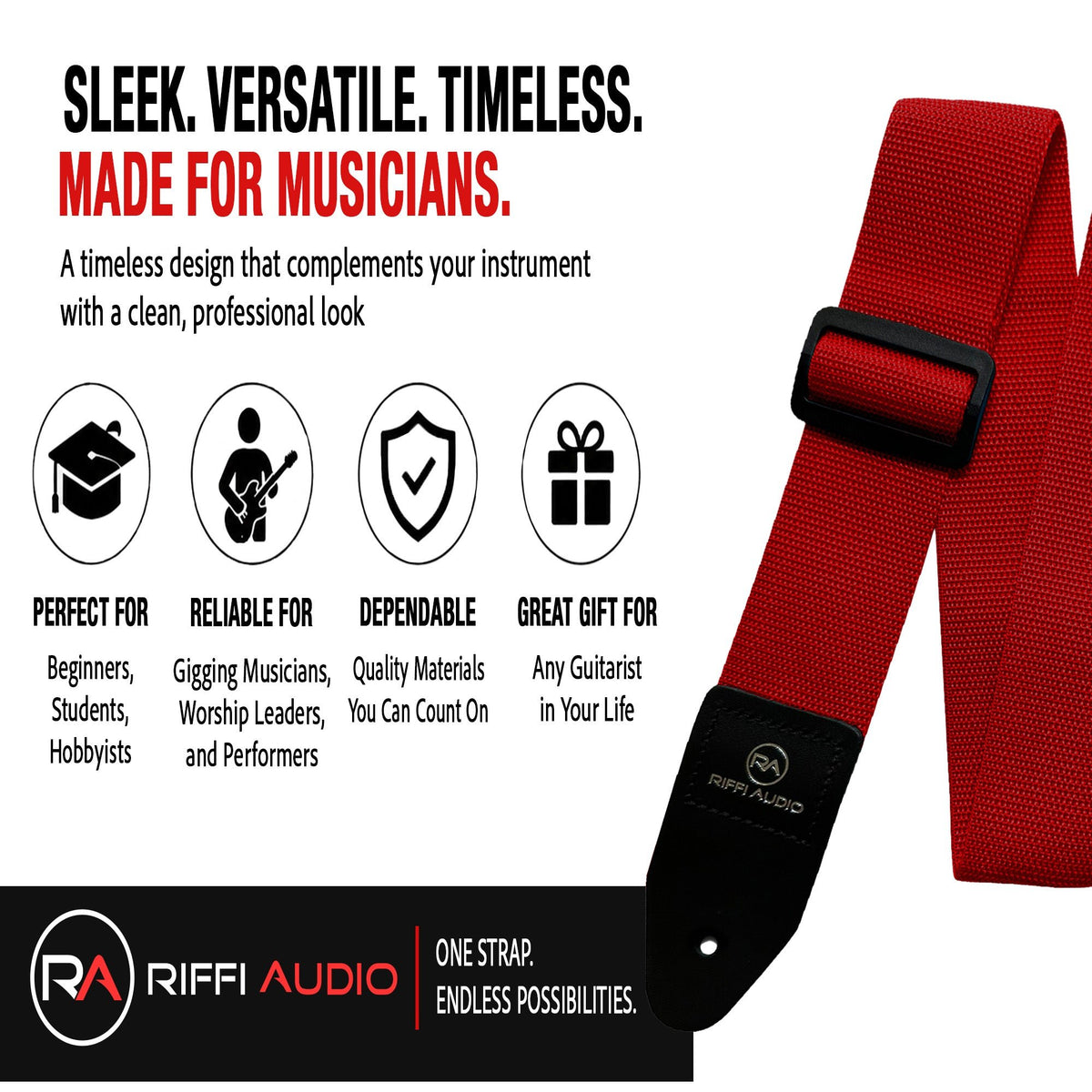 Riffi Audio Lite 1.0 Adjustable Guitar Strap with Strap Locks & Pick – 2" Polypropylene Strap for Electric, Bass & Acoustic Guitars – Red - Riffi Audio