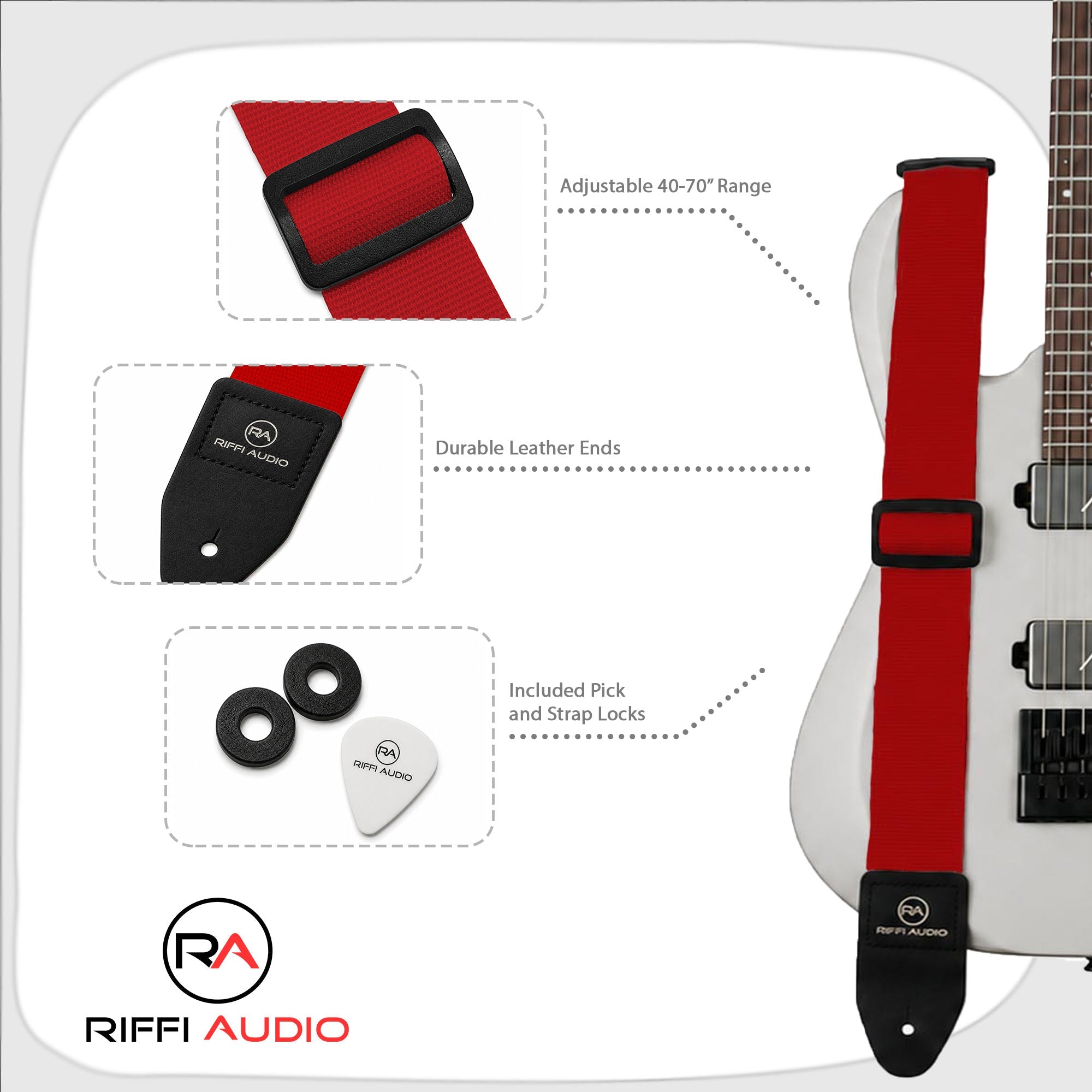 Riffi Audio Lite 1.0 Adjustable Guitar Strap with Strap Locks & Pick – 2" Polypropylene Strap for Electric, Bass & Acoustic Guitars – Red - Riffi Audio