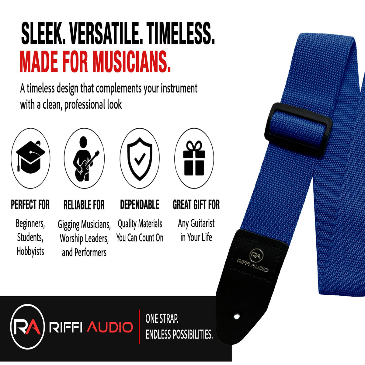 Riffi Audio Lite 1.0 Adjustable Guitar Strap with Strap Locks & Pick – 2" Polypropylene Strap for Electric, Bass & Acoustic Guitars – Royal Blue - Riffi Audio