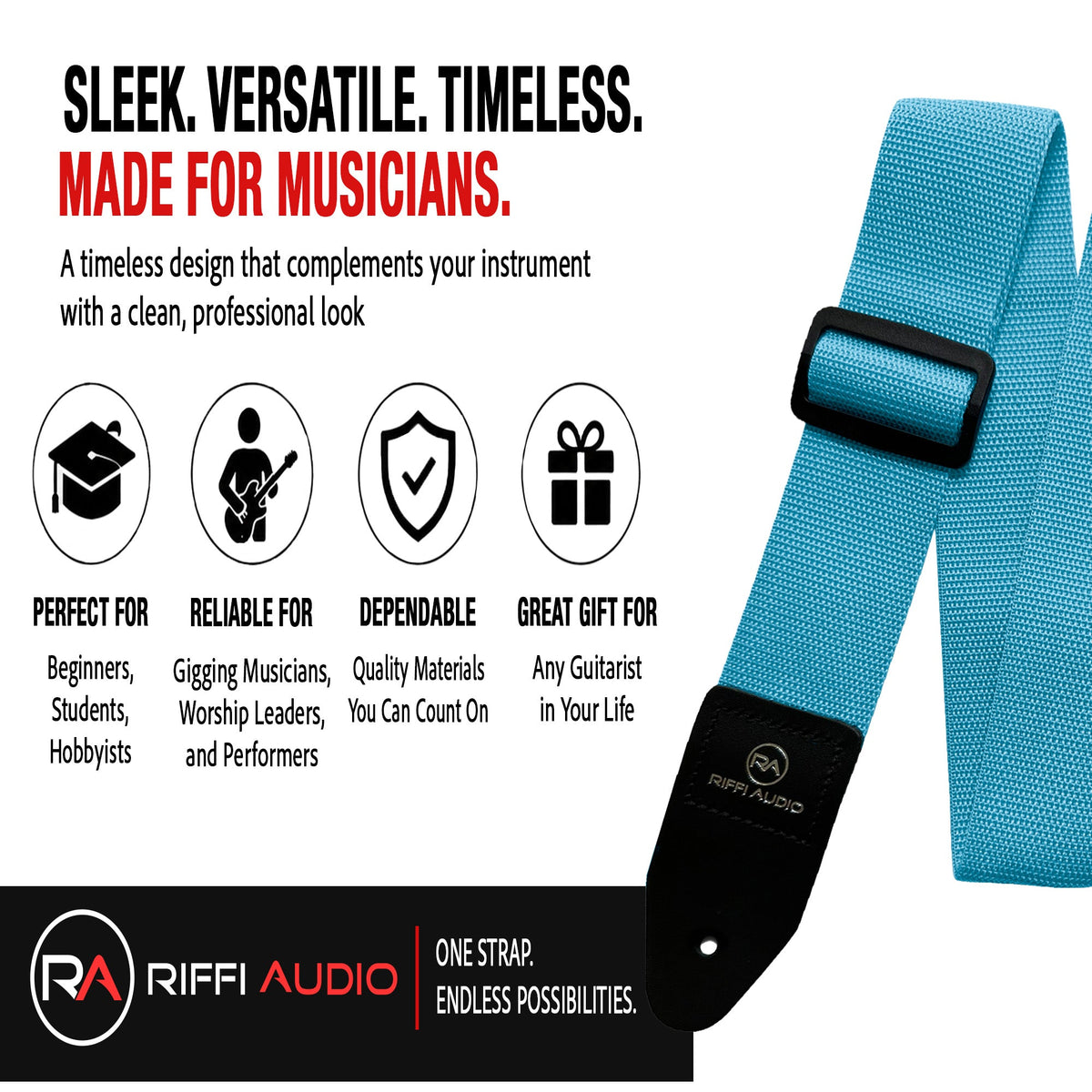 Riffi Audio Lite 1.0 Adjustable Guitar Strap with Strap Locks & Pick – 2" Polypropylene Strap for Electric, Bass & Acoustic Guitars – Sky Blue - Riffi Audio