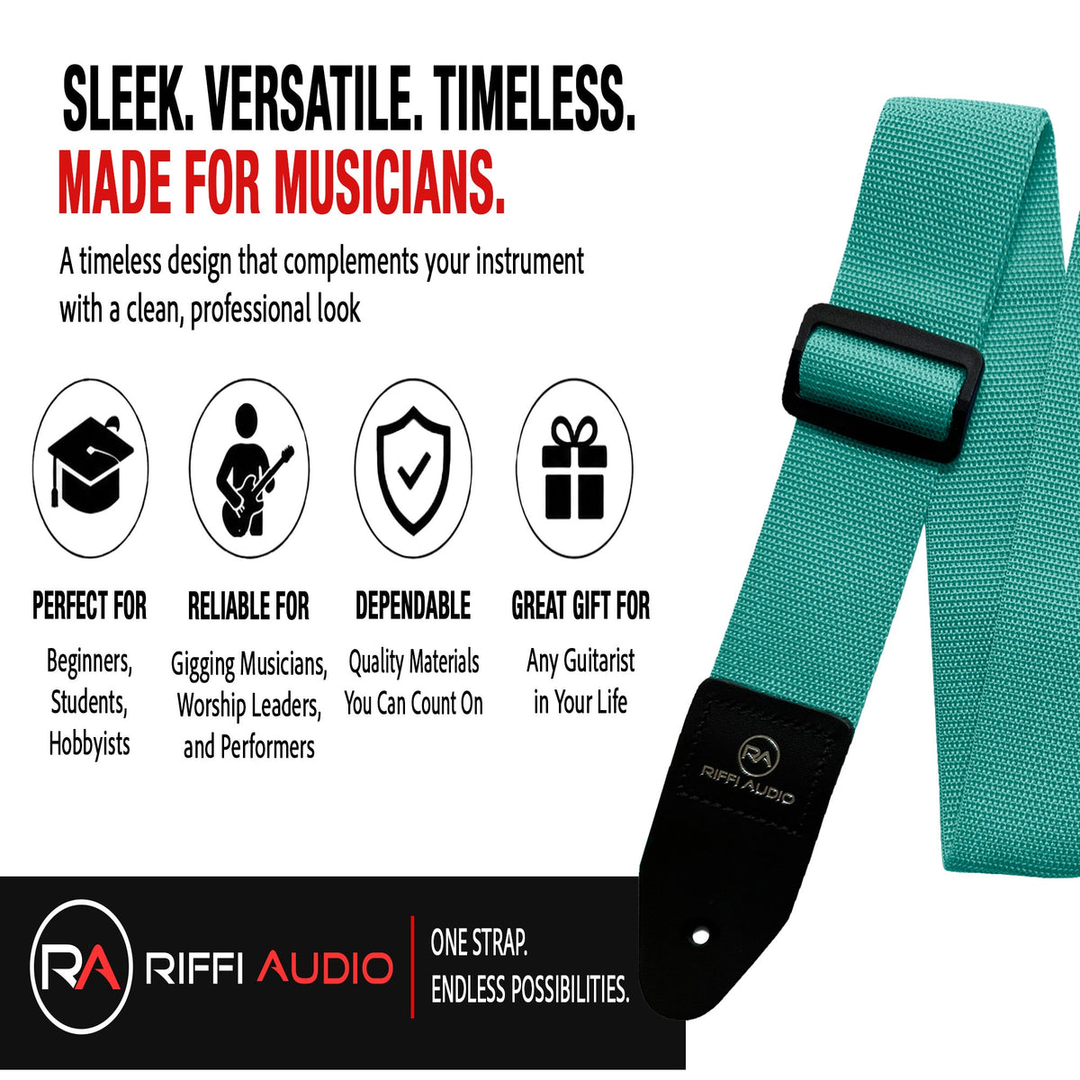 Riffi Audio Lite 1.0 Adjustable Guitar Strap with Strap Locks & Pick – 2" Polypropylene Strap for Electric, Bass & Acoustic Guitars – Teal - Riffi Audio