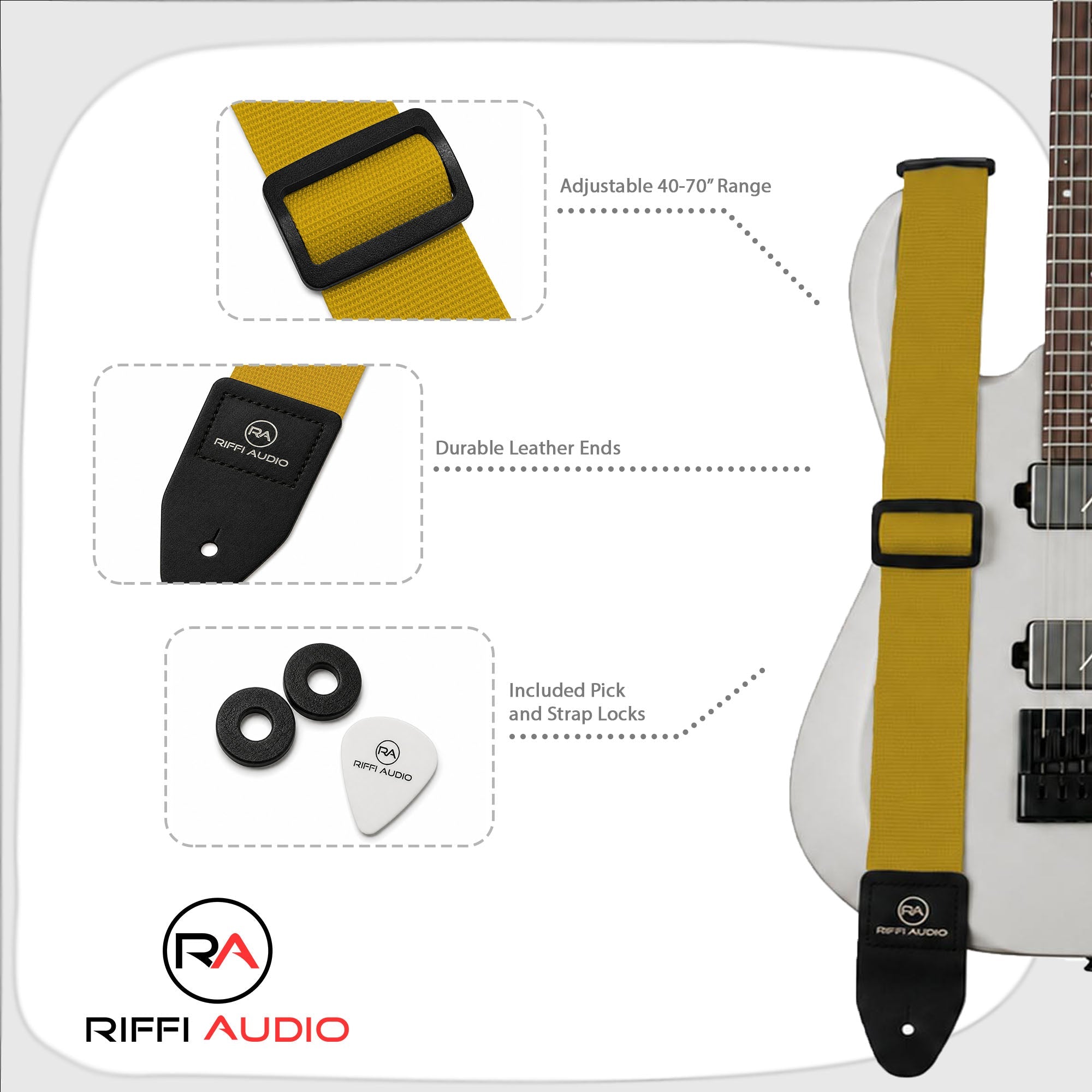 Riffi Audio Lite 1.0 Adjustable Guitar Strap with Strap Locks & Pick – 2" Polypropylene Strap for Electric, Bass & Acoustic Guitars – Yellow - Riffi Audio