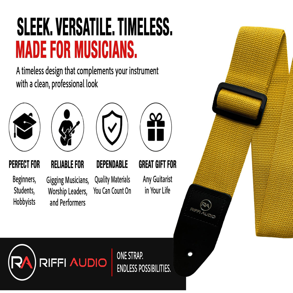 Riffi Audio Lite 1.0 Adjustable Guitar Strap with Strap Locks & Pick – 2" Polypropylene Strap for Electric, Bass & Acoustic Guitars – Yellow - Riffi Audio