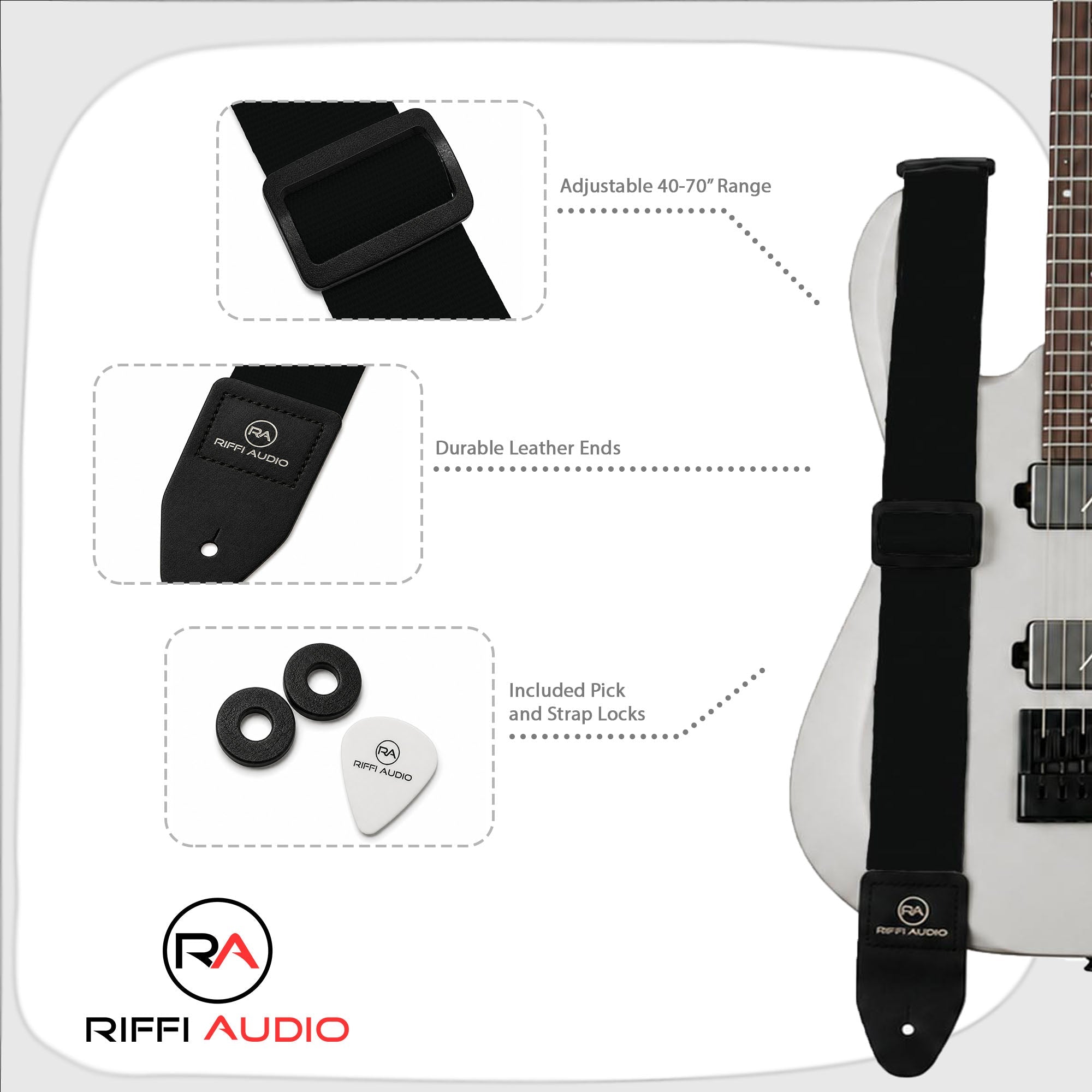 Riffi Audio Lite 1.0 Adjustable Guitar Strap with Strap Locks & Pick – 2" Polypropylene Strap for Electric, Bass & Acoustic Guitars – Black - Riffi Audio