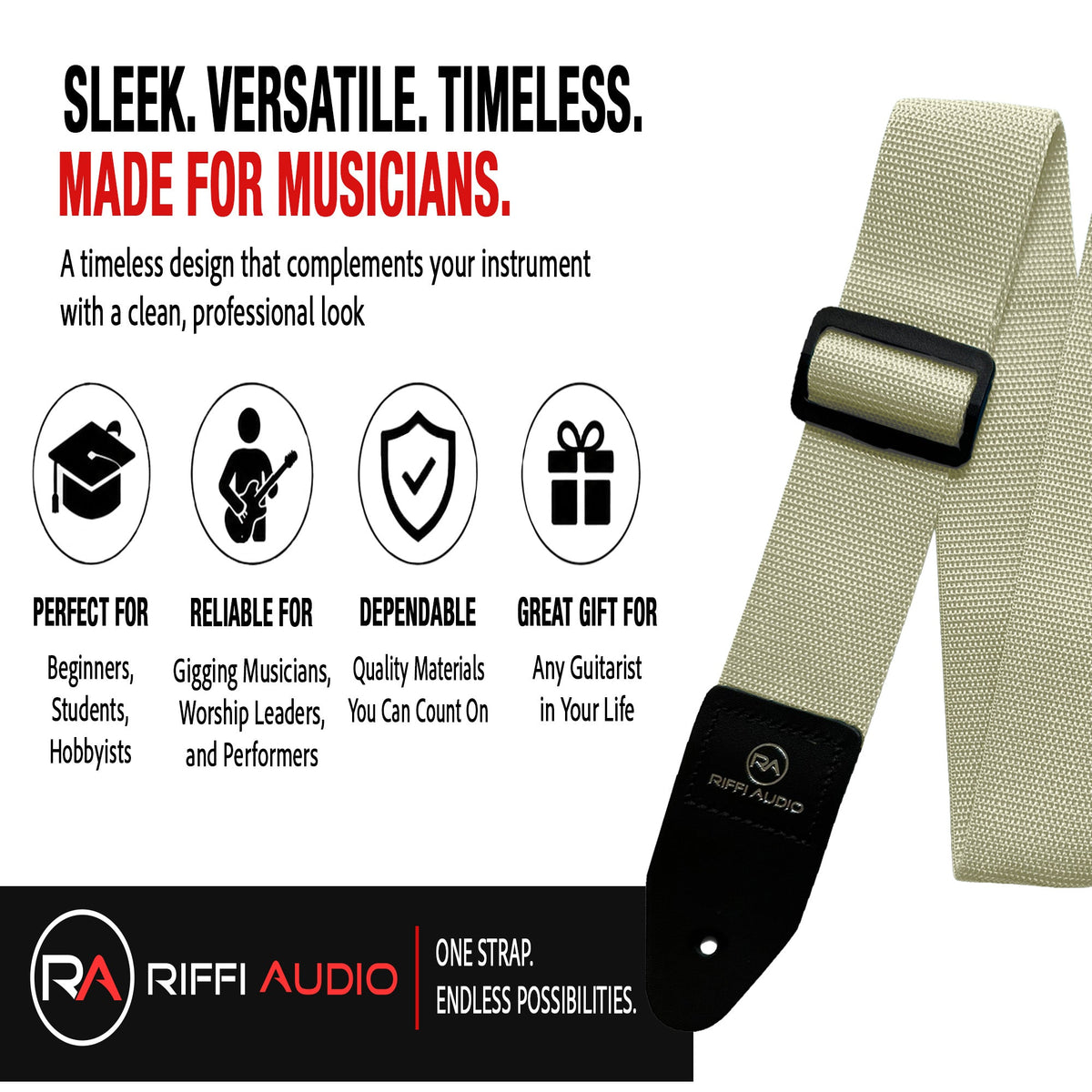 Riffi Audio Lite 1.0 Adjustable Guitar Strap with Strap Locks & Pick – 2" Polypropylene Strap for Electric, Bass & Acoustic Guitars – Cream - Riffi Audio