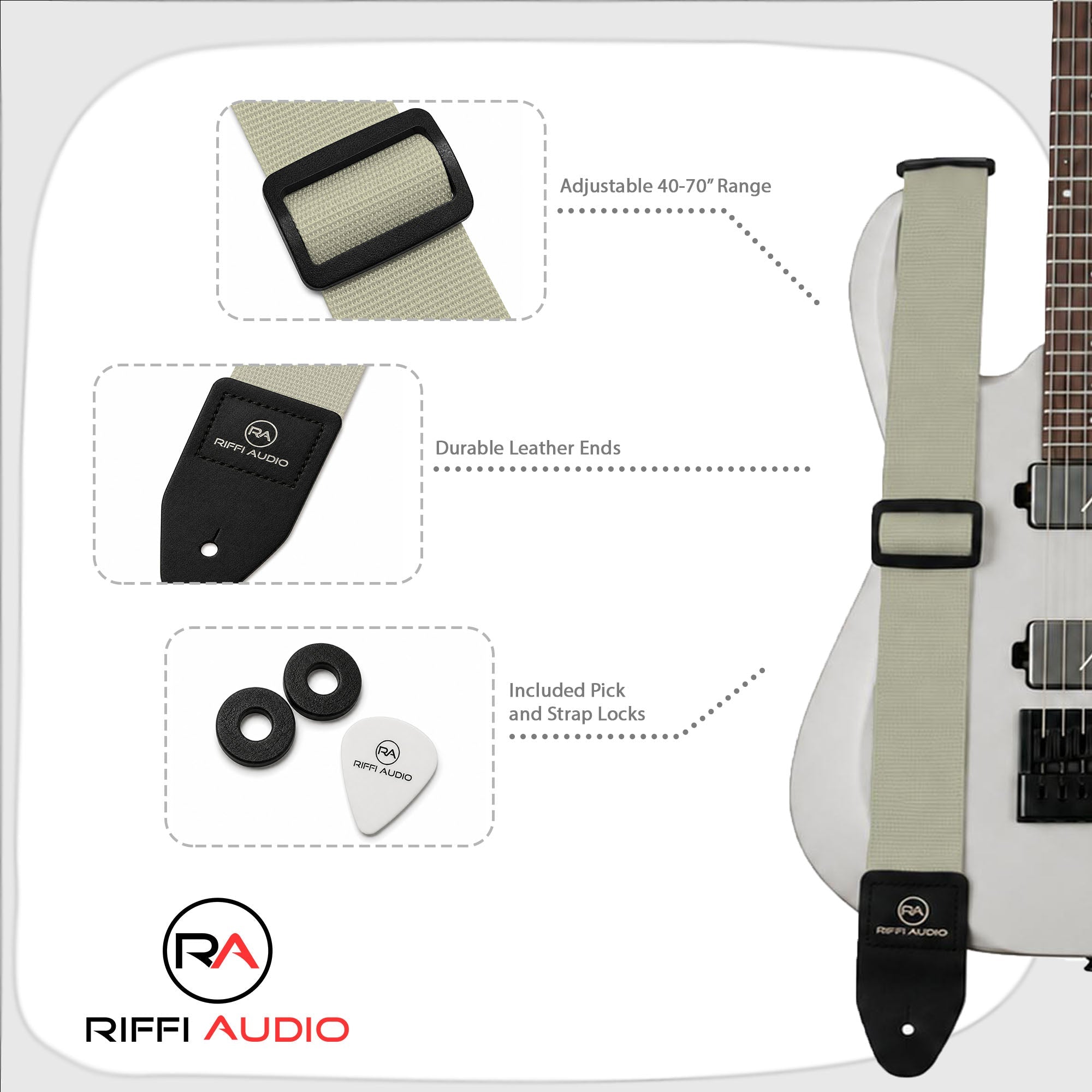 Riffi Audio Lite 1.0 Adjustable Guitar Strap with Strap Locks & Pick – 2" Polypropylene Strap for Electric, Bass & Acoustic Guitars – Cream - Riffi Audio