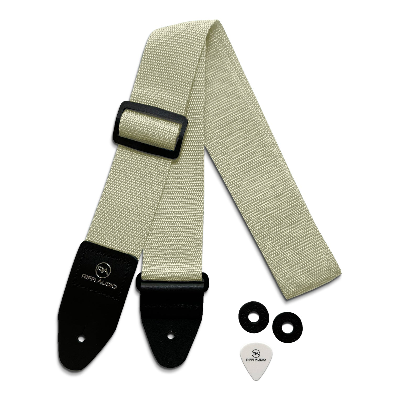 Riffi Audio Lite 1.0 Adjustable Guitar Strap with Strap Locks & Pick – 2" Polypropylene Strap for Electric, Bass & Acoustic Guitars – Cream - Riffi Audio
