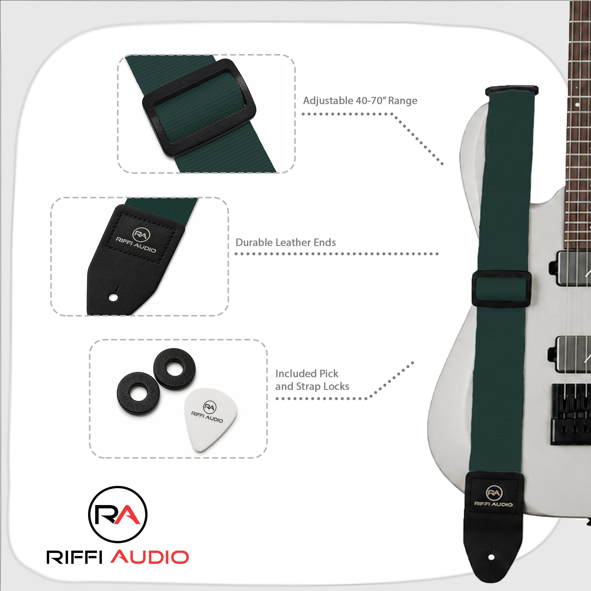 Riffi Audio Lite 1.0 Adjustable Guitar Strap with Strap Locks & Pick – 2" Polypropylene Strap for Electric, Bass & Acoustic Guitars – Forest Green - Riffi Audio