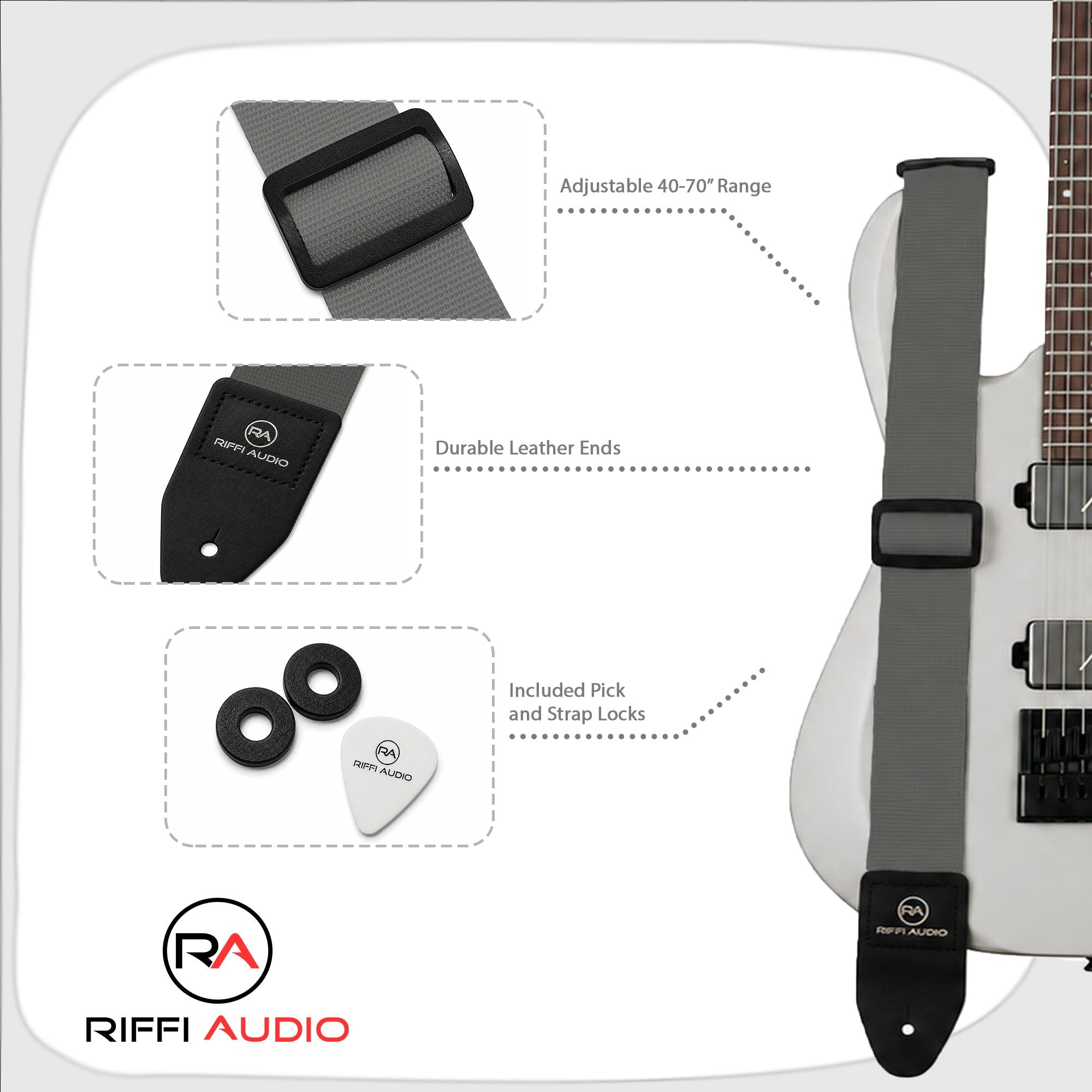 Riffi Audio Lite 1.0 Adjustable Guitar Strap with Strap Locks & Pick – 2" Polypropylene Strap for Electric, Bass & Acoustic Guitars – Gray - Riffi Audio