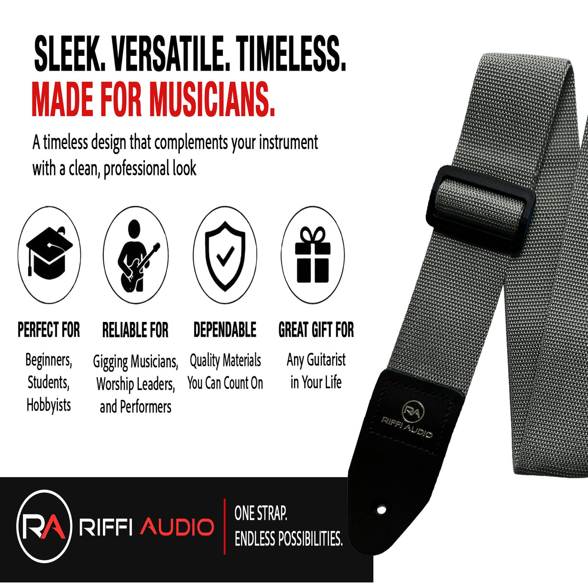 Riffi Audio Lite 1.0 Adjustable Guitar Strap with Strap Locks & Pick – 2" Polypropylene Strap for Electric, Bass & Acoustic Guitars – Gray - Riffi Audio