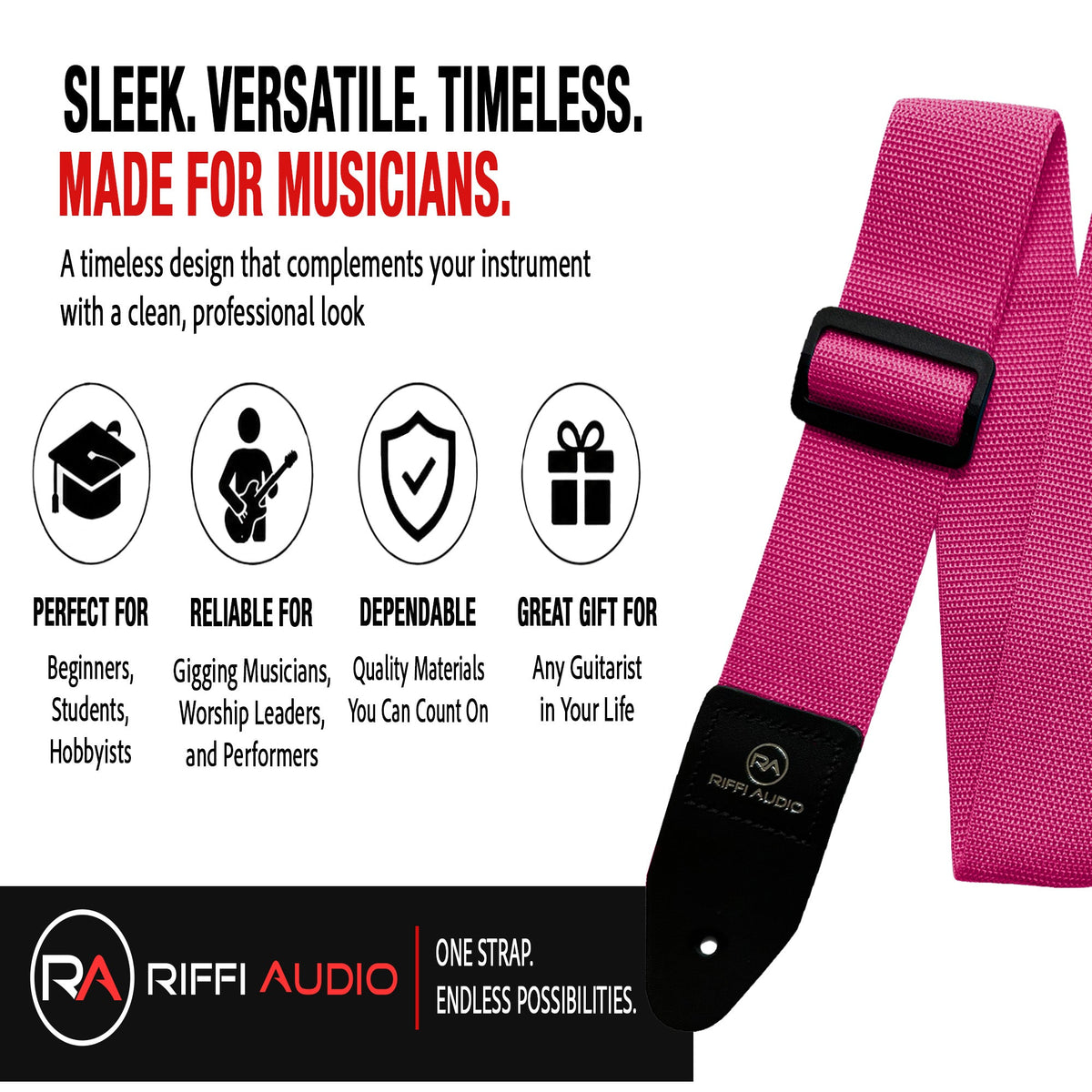 Riffi Audio Lite 1.0 Adjustable Guitar Strap with Strap Locks & Pick – 2" Polypropylene Strap for Electric, Bass & Acoustic Guitars – Hot Pink - Riffi Audio