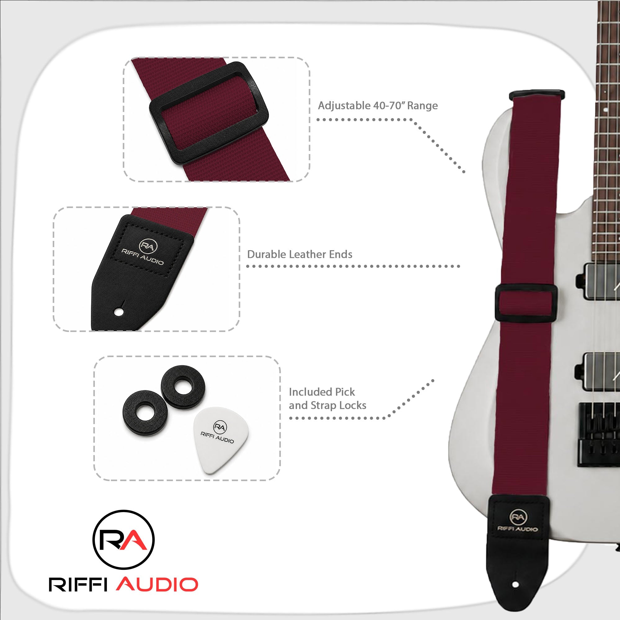 Riffi Audio Lite 1.0 Adjustable Guitar Strap with Strap Locks & Pick – 2" Polypropylene Strap for Electric, Bass & Acoustic Guitars – Maroon - Riffi Audio