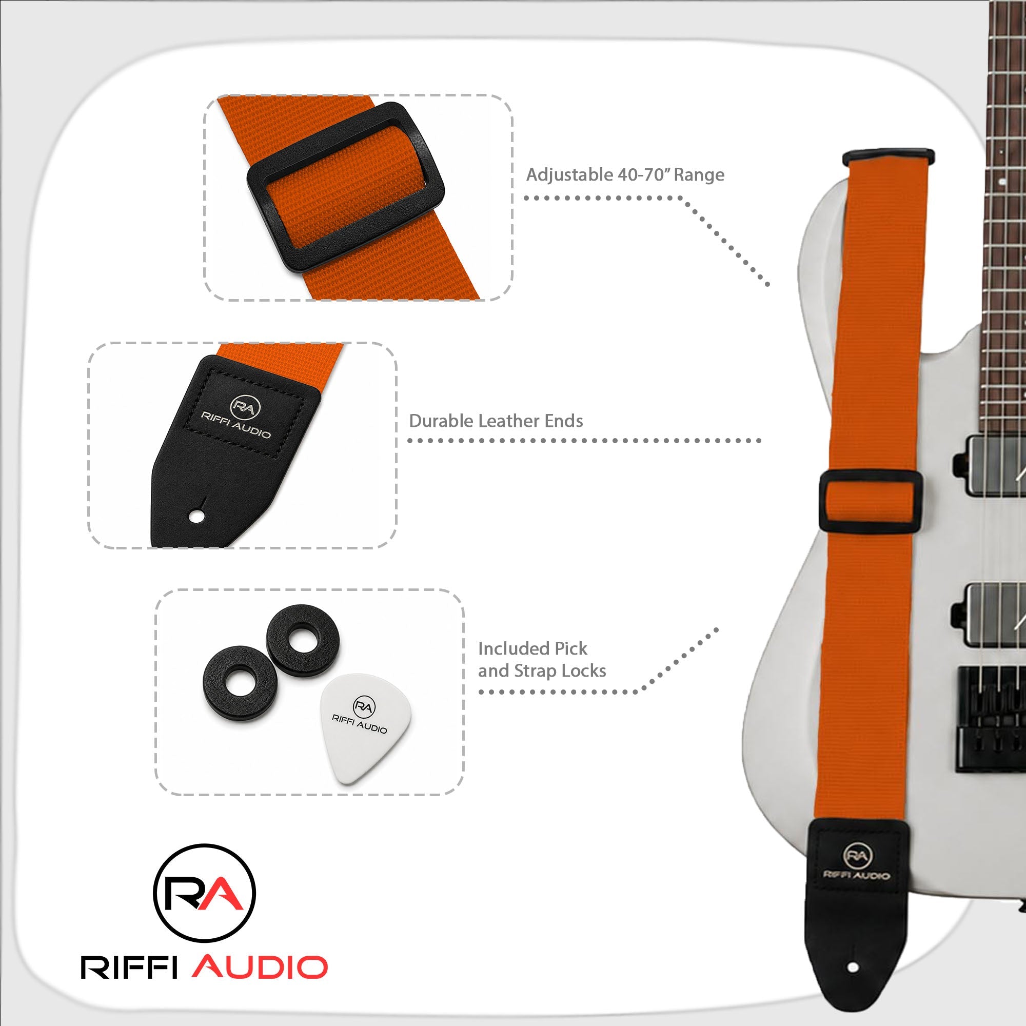 Riffi Audio Lite 1.0 Adjustable Guitar Strap with Strap Locks & Pick – 2" Polypropylene Strap for Electric, Bass & Acoustic Guitars – Orange - Riffi Audio