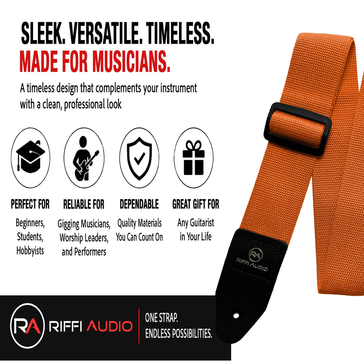 Riffi Audio Lite 1.0 Adjustable Guitar Strap with Strap Locks & Pick – 2" Polypropylene Strap for Electric, Bass & Acoustic Guitars – Orange - Riffi Audio