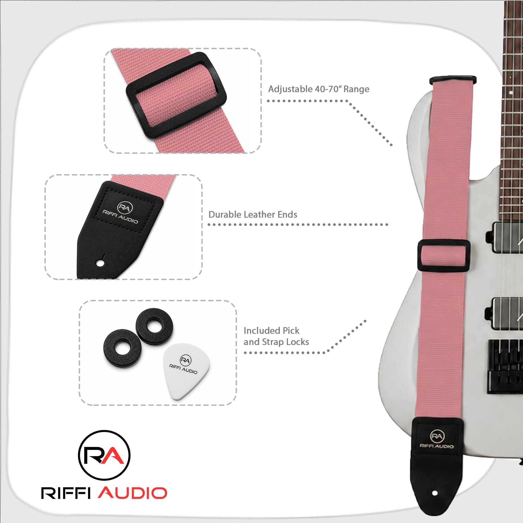 Riffi Audio Lite 1.0 Adjustable Guitar Strap with Strap Locks & Pick – 2" Polypropylene Strap for Electric, Bass & Acoustic Guitars – Pink - Riffi Audio