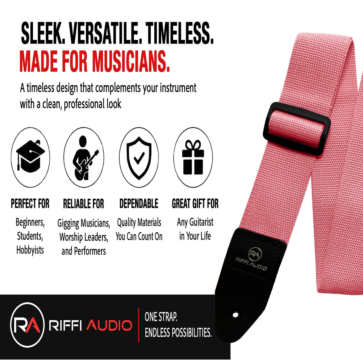 Riffi Audio Lite 1.0 Adjustable Guitar Strap with Strap Locks & Pick – 2" Polypropylene Strap for Electric, Bass & Acoustic Guitars – Pink - Riffi Audio