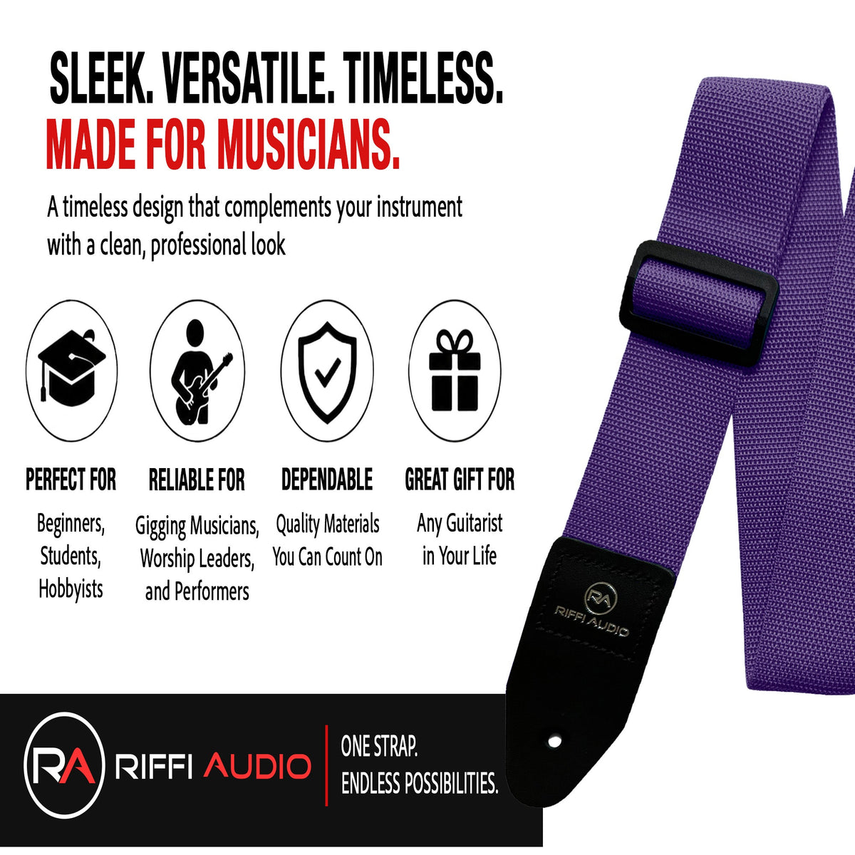 Riffi Audio Lite 1.0 Adjustable Guitar Strap with Strap Locks & Pick – 2" Polypropylene Strap for Electric, Bass & Acoustic Guitars – Purple - Riffi Audio
