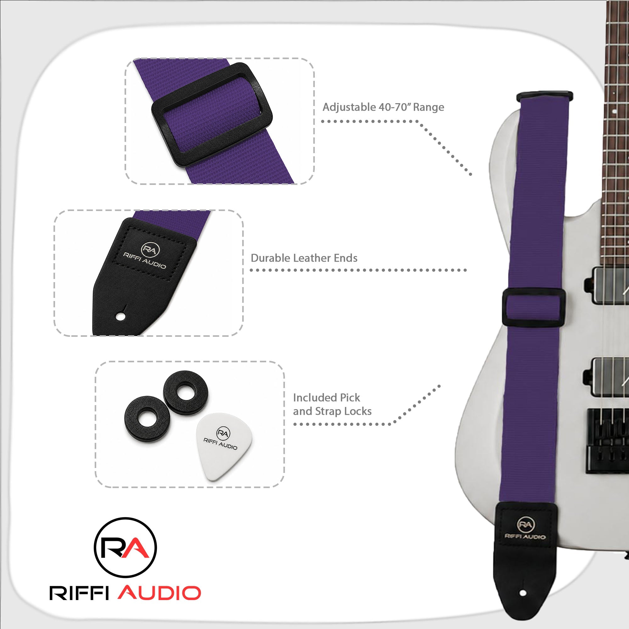 Riffi Audio Lite 1.0 Adjustable Guitar Strap with Strap Locks & Pick – 2" Polypropylene Strap for Electric, Bass & Acoustic Guitars – Purple - Riffi Audio