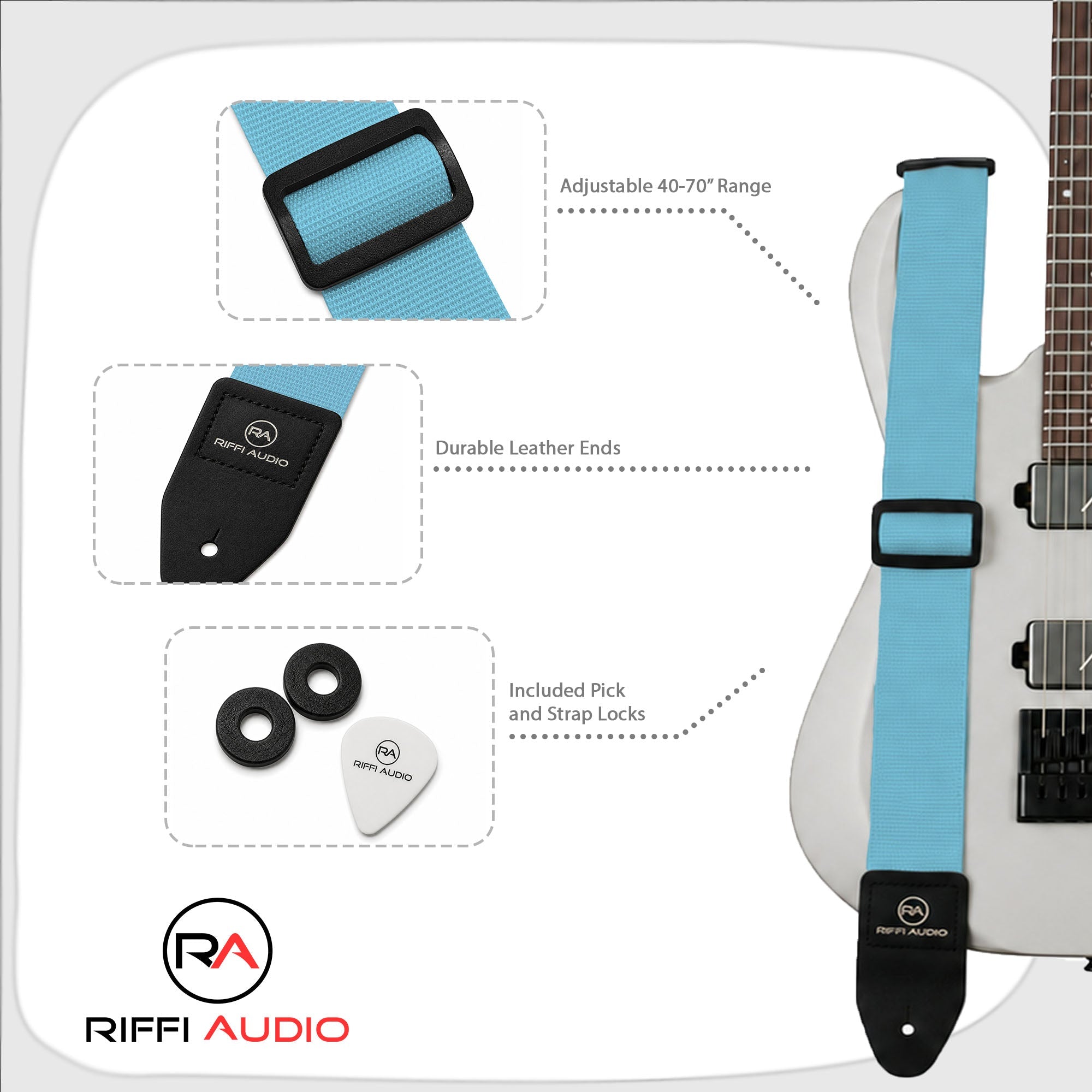 Riffi Audio Lite 1.0 Adjustable Guitar Strap with Strap Locks & Pick – 2" Polypropylene Strap for Electric, Bass & Acoustic Guitars – Sky Blue - Riffi Audio