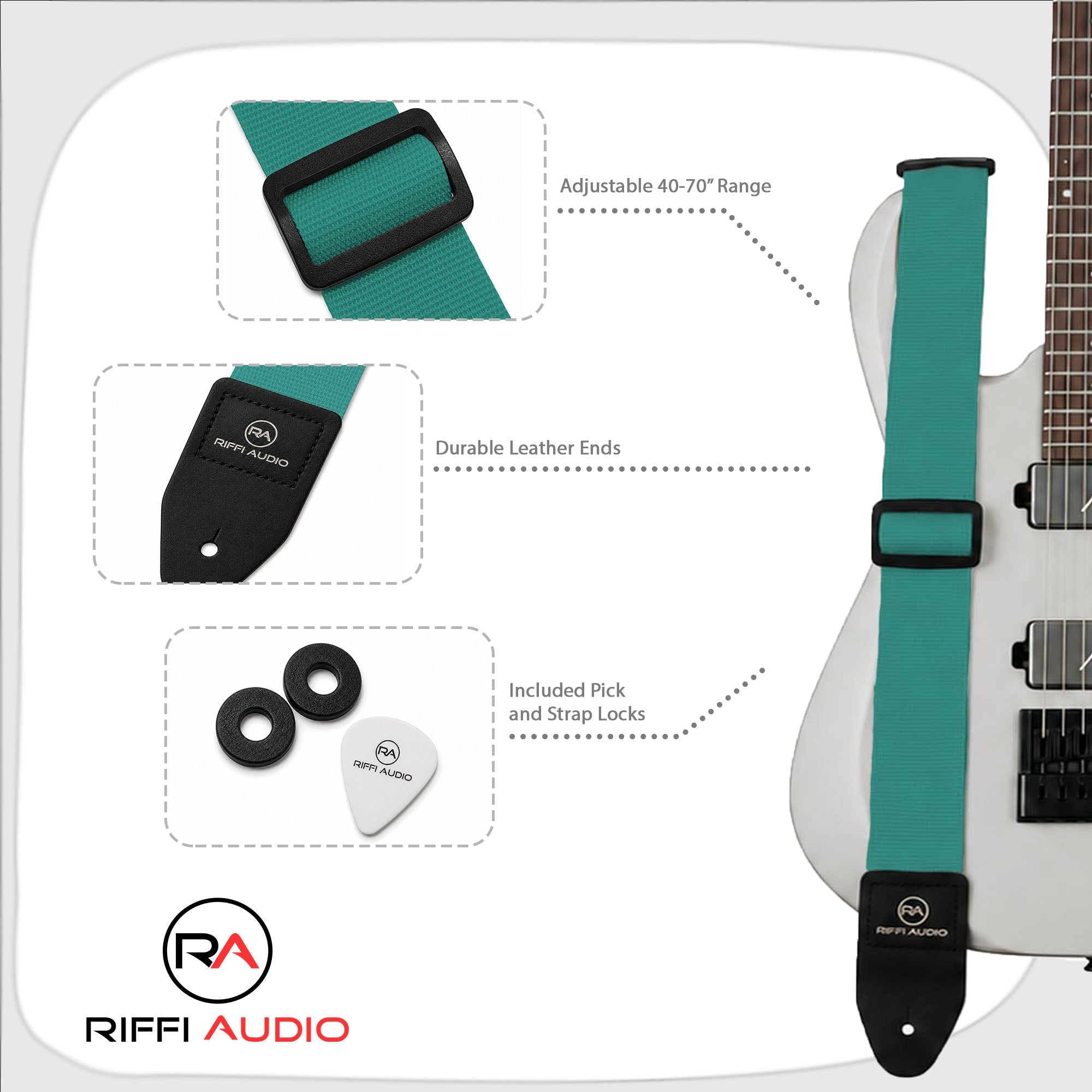 Riffi Audio Lite 1.0 Adjustable Guitar Strap with Strap Locks & Pick – 2" Polypropylene Strap for Electric, Bass & Acoustic Guitars – Teal - Riffi Audio