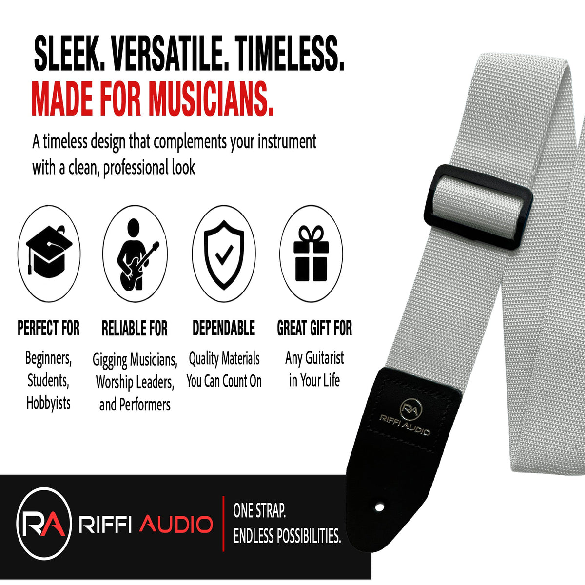 Riffi Audio Lite 1.0 Adjustable Guitar Strap with Strap Locks & Pick – 2" Polypropylene Strap for Electric, Bass & Acoustic Guitars – White - Riffi Audio