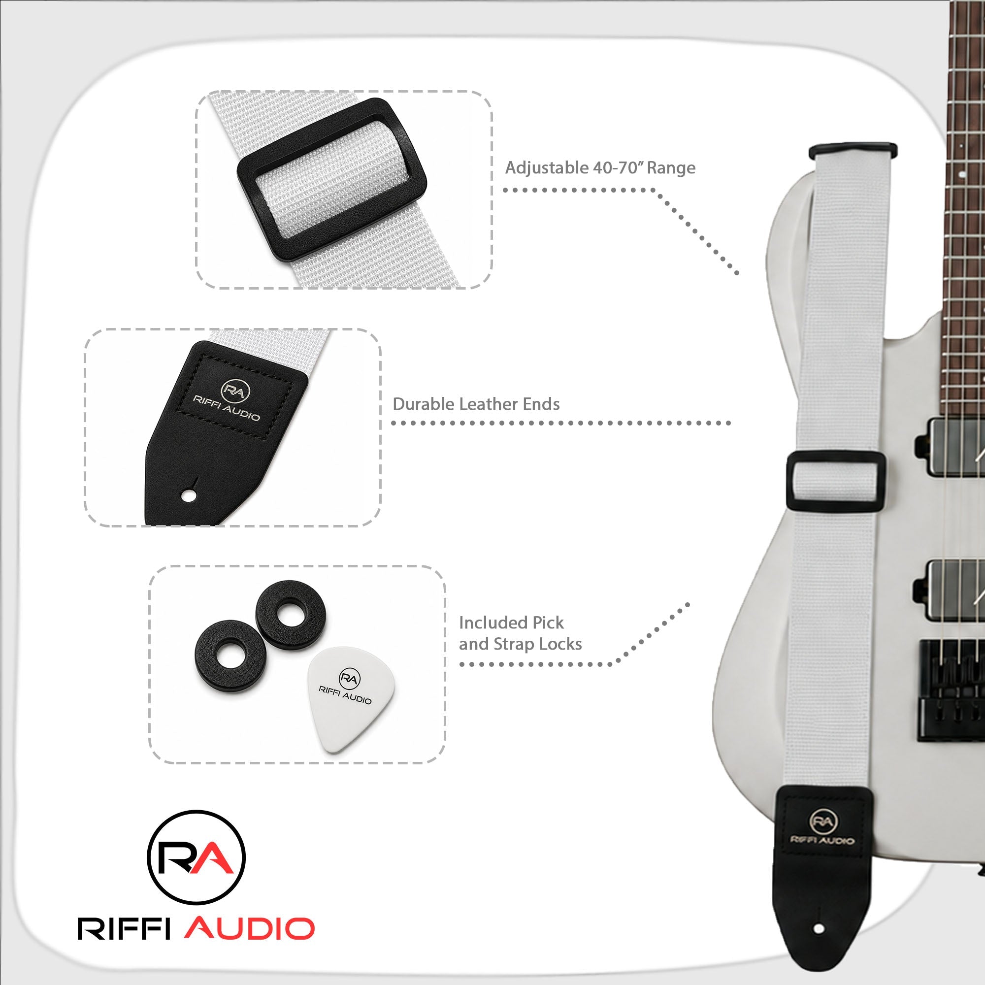 Riffi Audio Lite 1.0 Adjustable Guitar Strap with Strap Locks & Pick – 2" Polypropylene Strap for Electric, Bass & Acoustic Guitars – White - Riffi Audio