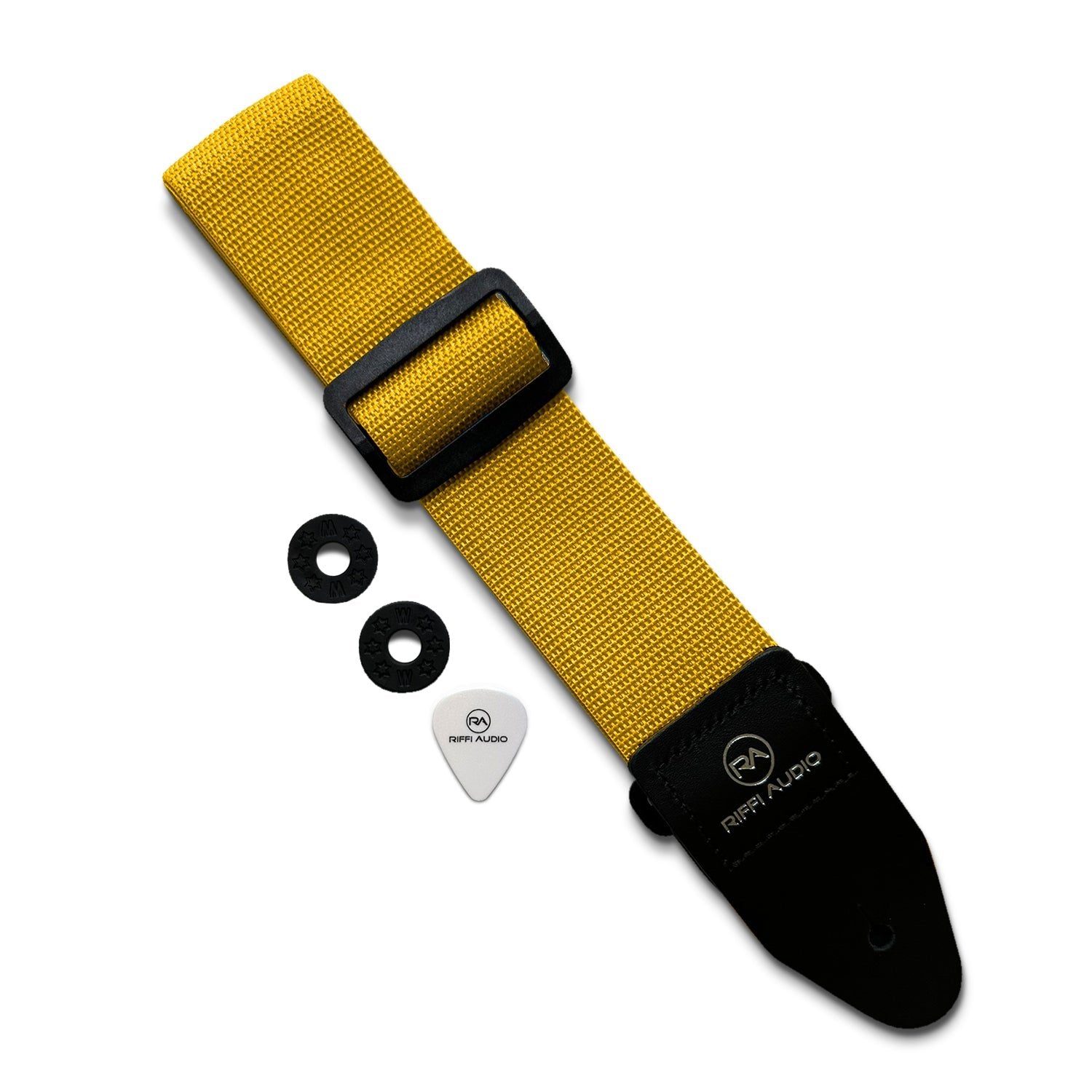 Riffi Audio Lite 1.0 Adjustable Guitar Strap with Strap Locks & Pick – 2" Polypropylene Strap for Electric, Bass & Acoustic Guitars – Yellow - Riffi Audio